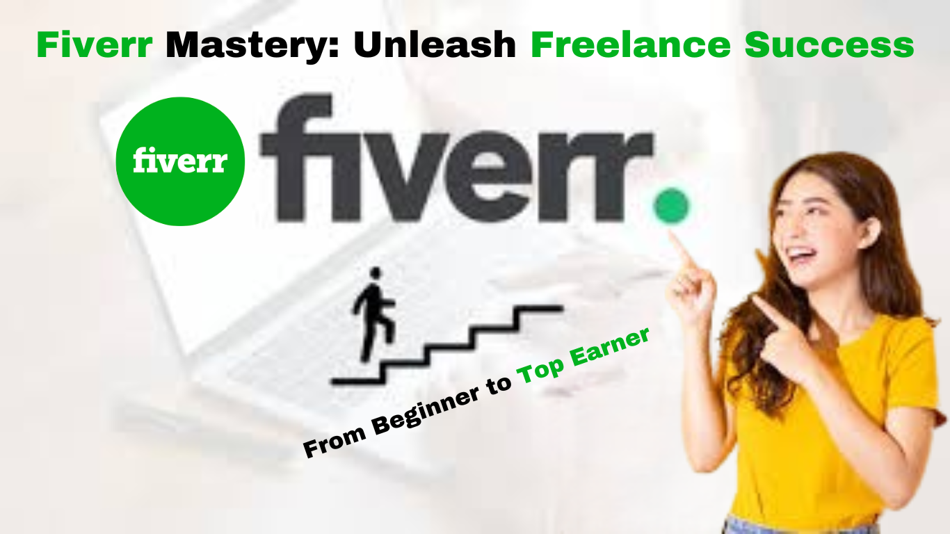 A confident woman points towards a screen displaying the Fiverr logo, symbolizing strategic navigation through Fiverr's freelance marketplace.