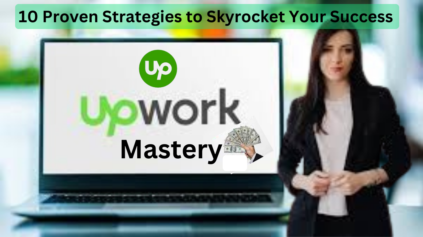 Woman freelancer smiling at her laptop screen, which displays "Upwork Mastery" strategies for success.