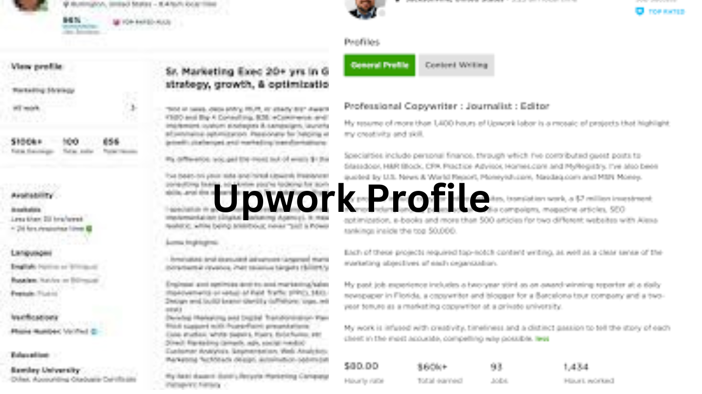 Two examples of Upwork profiles showcasing freelancer expertise and achievements.