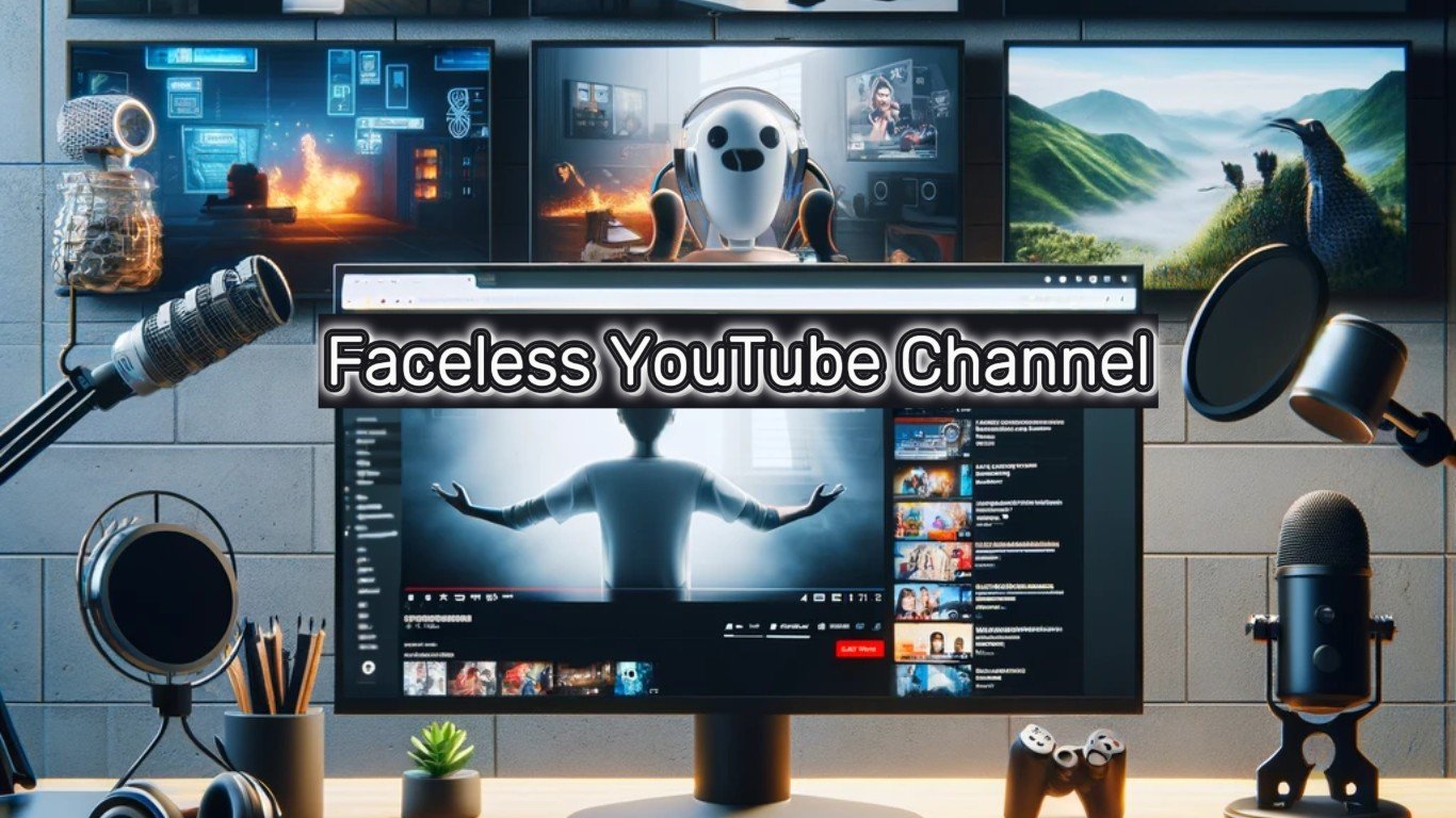 A computer screen displaying a person with their face obscured, surrounded by various tech tools, illustrating a faceless YouTube channel concept.